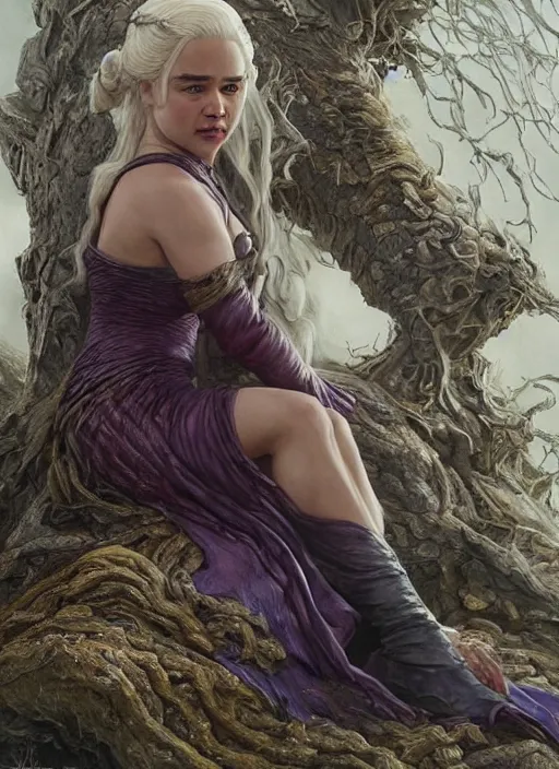 Image similar to Emilia Clarke as Daenerys Targaryen taking a rest under tree after an long adventure, a ruggedly muscled handsome heroine, intricate, elegant, highly detailed, centered, digital painting, artstation, concept art, smooth, sharp focus, illustration, artgerm, donato giancola, Joseph Christian Leyendecker, WLOP, Artgerm, thunder storm