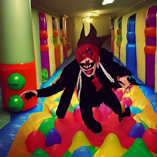 Prompt: chased by a creepy jester in an endless corridor made of bouncy castle, photo