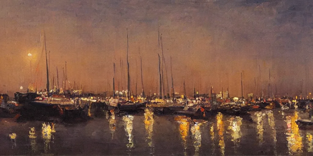 Prompt: big beautiful painting of a european port at night, calm sea, clear sky, boats, cafes at the beach road, people, oil on canvas, naturalism