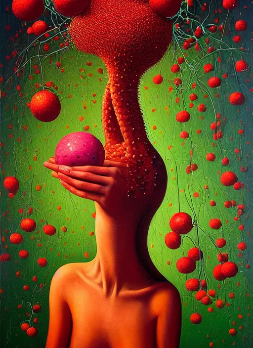 Prompt: hyper detailed Oil painting - She Eats of the Strangling Fruit and Her gossamer polyp blossoms bring iridescent fungal flowers whose spores black the foolish stars by Jacek Yerka, Mariusz Lewandowski, Abstract brush strokes, Masterpiece, Edward Hopper and James Gilleard, Zdzislaw Beksinski, Mark Ryden, Wolfgang Lettl, hints of Yayoi Kasuma