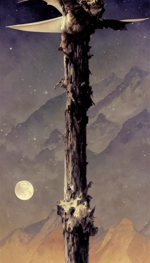 Image similar to a white bat, flying against a black night sky, mountain in the background, moonlight, denoised, very detailed, painted by james gurney, norman rockwell, tom bagshaw