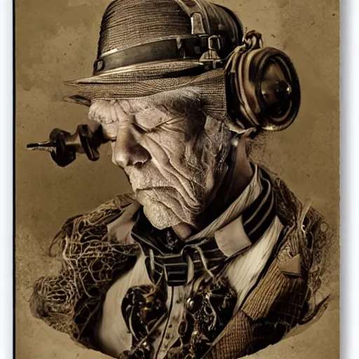 Prompt: Old wrinkled man asleep in steampunk outfit, attached to wires. Dark, intricate, highly detailed, smooth, in style of Stanislav Vovchuk