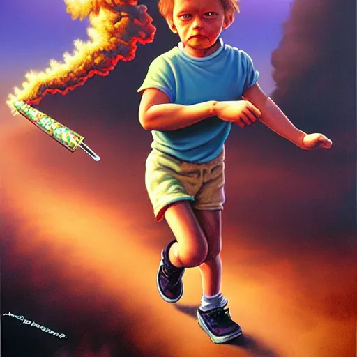 Image similar to a running child disappearing, vapor, mist, smoke, blood, scissors in hand, a detailed matte painting by Jason Edmiston, John Philip Falter