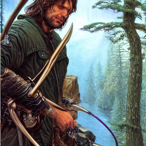 Prompt: Strider woodsman Aragorn by Mark Brooks, Donato Giancola, Victor Nizovtsev, Scarlett Hooft, Graafland, Chris Moore