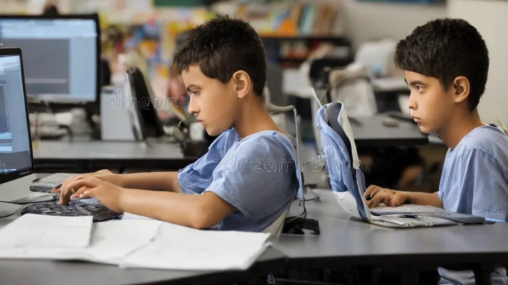 Image similar to school kid sitting at a computer desk, hacking, stock photo