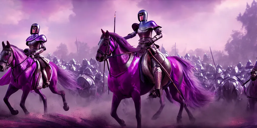 Image similar to painting of lady in purple leading an army of riding knights, hyper - realistic, unreal engine, octane render, digital art, trending on artstation, 8 k, detailed, atmospheric, immaculate