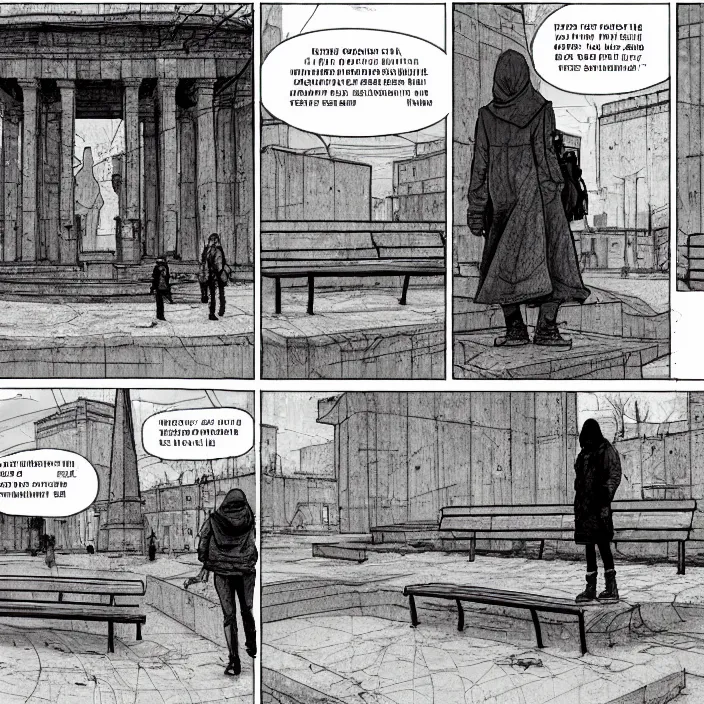 Prompt: storyboard by gabriel hardman : sadie sink in hoodie sits on bench in ruined square, pedestrians walk by, old soviet monument. scifi cyberpunk. cinematic atmosphere, detailed and intricate, perfect anatomy