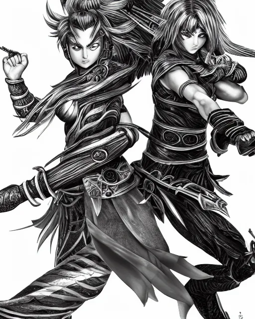 Prompt: Two female warriors fighting, black and white, highly detailed face, close-up, fantasy art, fighting art, in the style of masami kurumada, illustration, epic, fantasy, intricate, hyper detailed, artstation, concept art, smooth, sharp focus, ray tracing