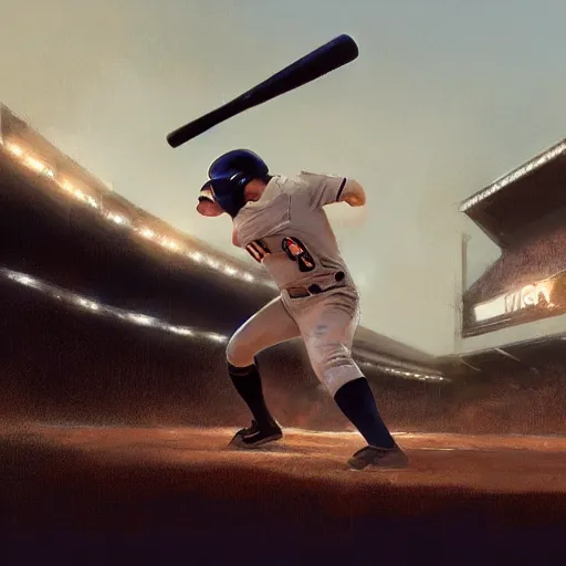 Image similar to baseball player hitting the ball with the baseball bat in the middle of the game and in front of everyone in the stadium, james gurney painting style, greg rutkowski, artstation