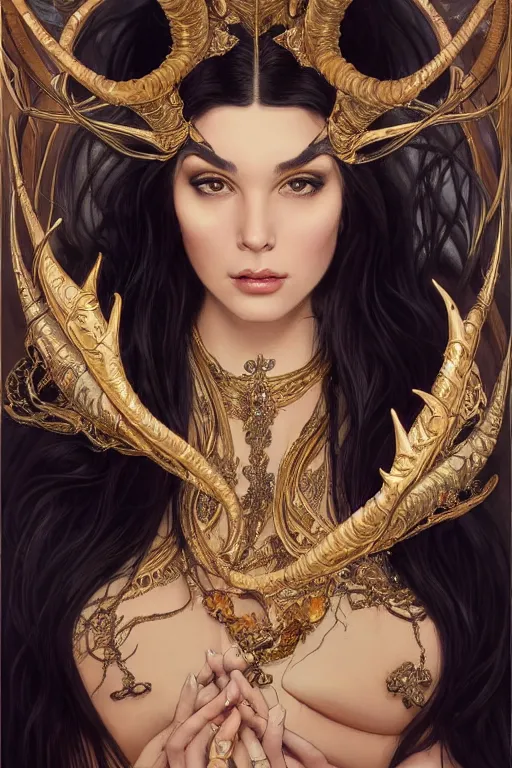 Prompt: fullbody!! of a beautiful woman with long black hair, big natural horns on her head, flowing intricate dress, gold jewellery, dnd, face, fantasy, intricate, elegant, highly detailed, digital painting, artstation, concept art, smooth, sharp focus, illustration, art by artgerm and greg rutkowski and alphonse mucha