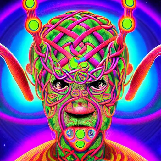 Prompt: a detailed digital art of a celtic knot oni abe vigoda extraterrestrial wearing a raver outfit by lisa frank and cicely mary barker, taiyo matsumoto, myst, beeple, cgsociety, crisp, low angle shot