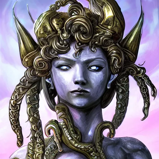 Image similar to a portrait of a torquoise fantasy armored medusa head holding a spear, medusa head, medusa head, medusa head, pillars background with ruined and statues, fantasy game art, fantasy rpg, league of legends