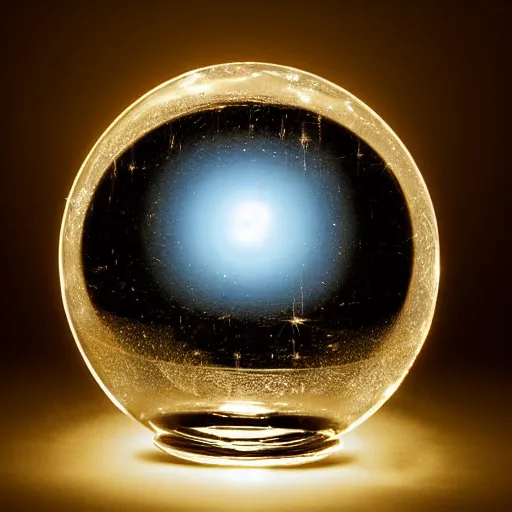 Image similar to A reflective crystal ball sitting on a table, glowing background lights, moody, magic, by Michael Kincade