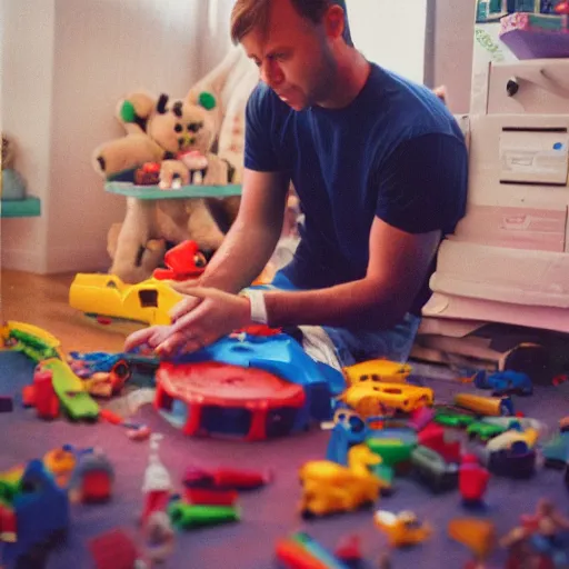 Prompt: alex jones playing with toys, cinestill, 800t, 35mm, full-HD