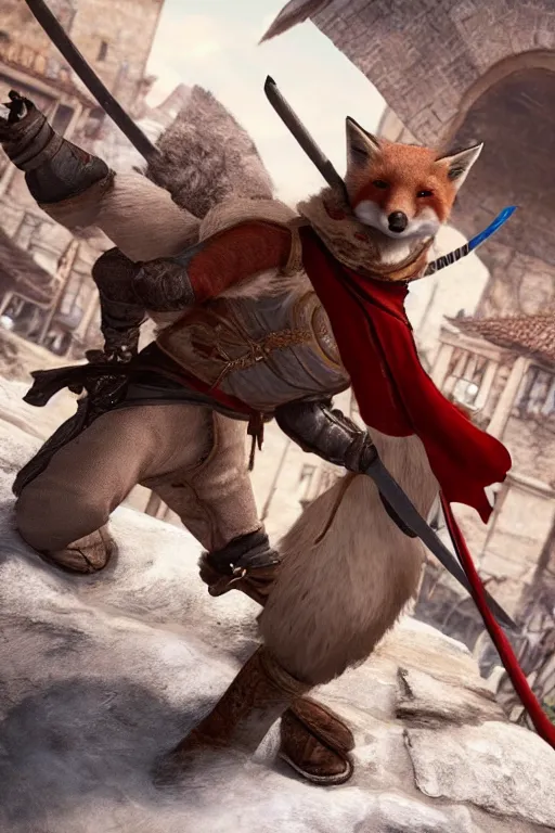 Prompt: a medieval anthropomorphic fox with a fluffy tail in assassins creed