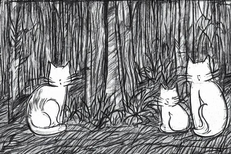 Prompt: a storyboard sketch of two cats talking in the forest, black and white, rough sketch