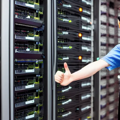 Prompt: A system administrator doing a thumb up to the camera in front of burning servers