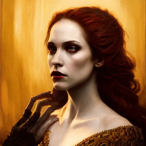 Image similar to majestic gracious regal aristocratic female vampire portrait, atmospheric lighting, painted, ravenous, tempestuous, menacing, intricate, volumetric lighting, beautiful, rich deep colours masterpiece, golden hour, sharp focus, ultra detailed, by leesha hannigan, ross tran, thierry doizon, kai carpenter, ignacio fernandez rios