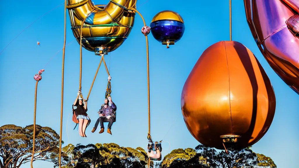 Image similar to large colorful futuristic space age metallic steampunk balloons with pipework and electrical wiring around the outside, and people on rope swings underneath, flying high over the beautiful sydney city landscape, professional photography, 8 0 mm telephoto lens, realistic, detailed, photorealistic, photojournalism