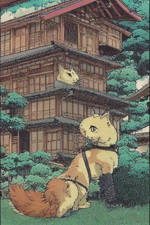 Prompt: beautiful anime illustration japanese rural homes morphing into giant cats, by moebius, masamune shirow and katsuhiro otomo