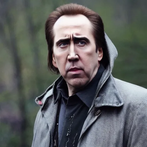 Prompt: nicholas cage starring in russian depressing arthouse movie about village.