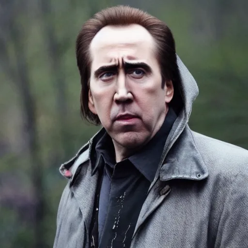 Image similar to nicholas cage starring in russian depressing arthouse movie about village.