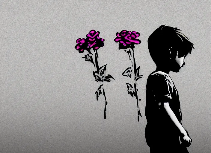 Image similar to a side profile of a single boy holding flowers in the style of Banksy on a white concrete background, graffiti, digital art