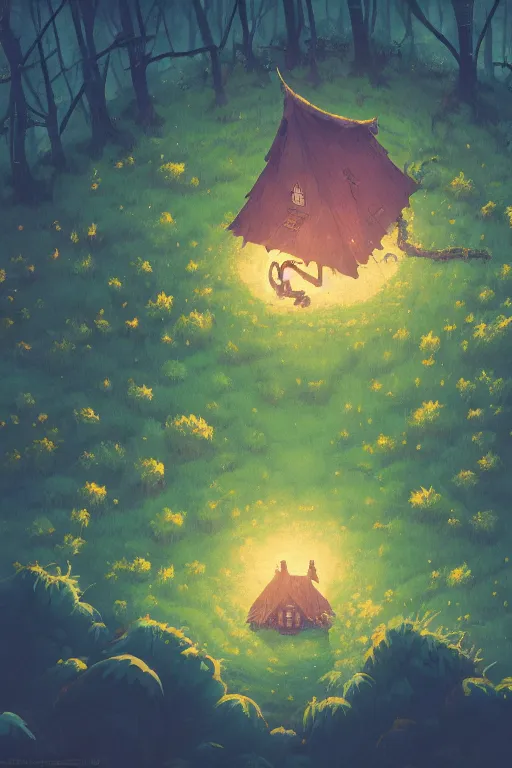 Image similar to a lonely witch's hut in a clearing in the forest on which a giant spaghetti monster is approaching, top view rule of thirds golden ratio, fake detail, trending pixiv fanbox, acrylic palette knife, style of makoto shinkai studio ghibli genshin impact james gilleard greg rutkowski chiho aoshima