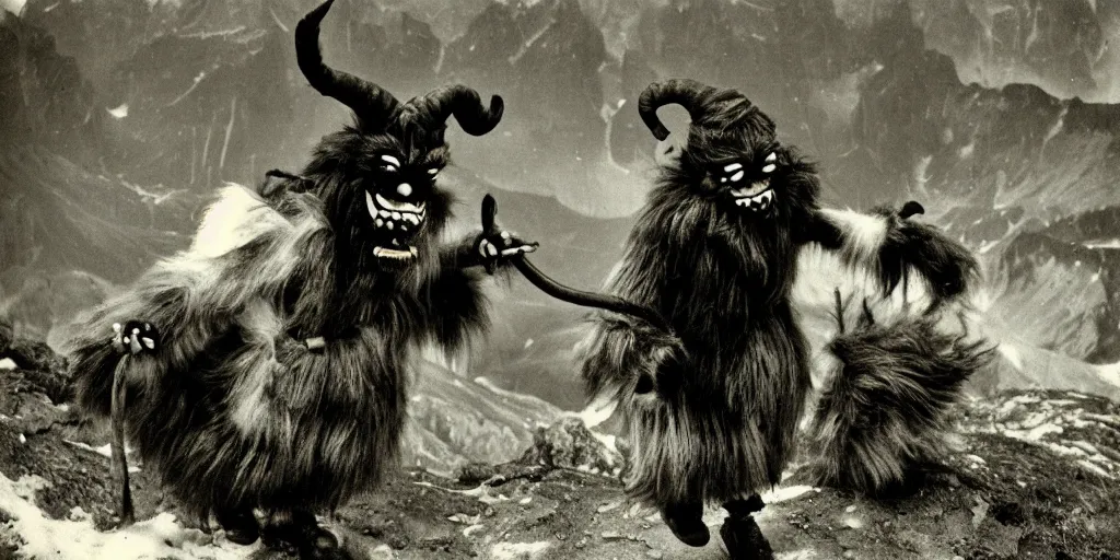 Image similar to krampus with big beak dancing in dolomites, hay fur, austrian folklore, 1920s photography, grainy, eerie, dark