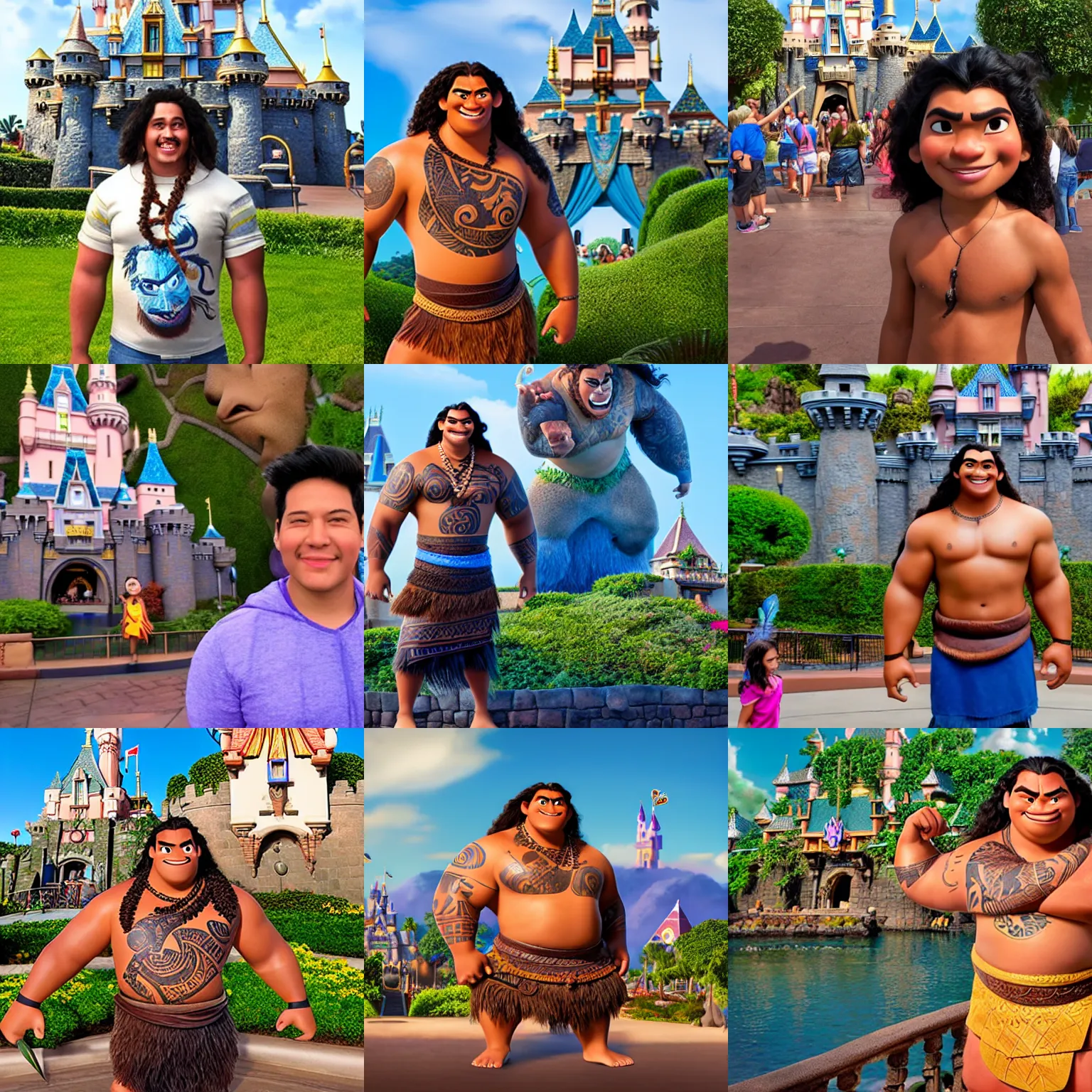 Prompt: maui, male demigod from the movie moana at disneyland, standing in front of sleeping beauty castle, background is disneyland castle, realistic photo, as real person, detailed face