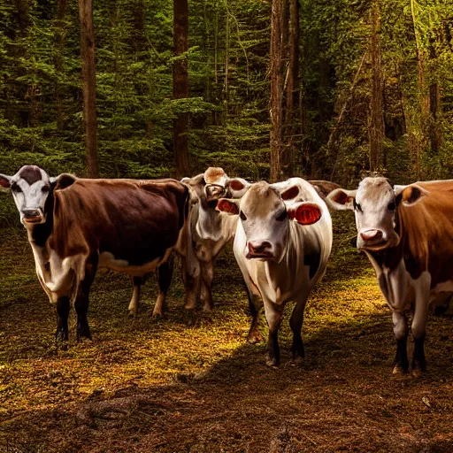 Image similar to DLSR photograph of several cows looking at the camera, in creepy forest, night-time, low lighting, eyes glinting