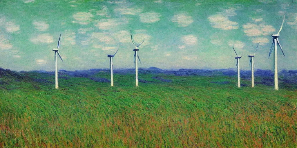 Image similar to beautiful fields of wind farms painted by monet, very pretty!!