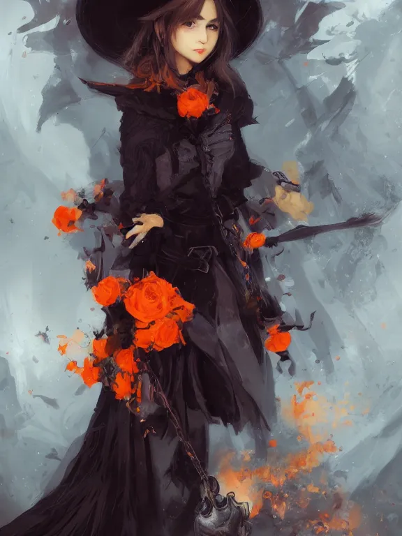 Prompt: Full shot of a cute mischievous young witch about to get up to some trouble. Latin inspired fashion. Black and Orange palette. By Ruan Jia and Artgerm and Range Murata and WLOP and CLAMP. Key Art. Fantasy Illustration. award winning, Artstation, intricate details, realistic, Hyperdetailed, 8k resolution.