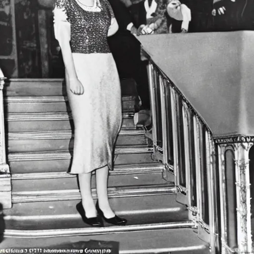 Image similar to a vintage historical fantasy 1 9 3 0 s kodachrome slide german and eastern european mix of the queen of winter is pictured attending a royal tour. she is shown descending a staircase from a luxurious plane, waving to the crowd below. she is donning a pencil skirt and peplum jacket in a yellow and green skirt suit.