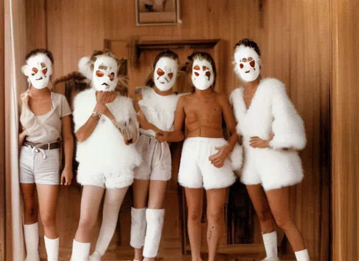 Image similar to realistic photo of the people wearing wooden masks, white fluffy cotton shorts, polished and fancy, standing in the wooden room full of wooden furniture 1 9 9 0, life magazine reportage photo