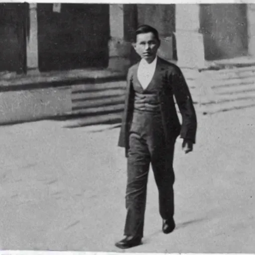 Prompt: vintage photo of jose rizal walking in manila streets in the 1 9 0 0 s