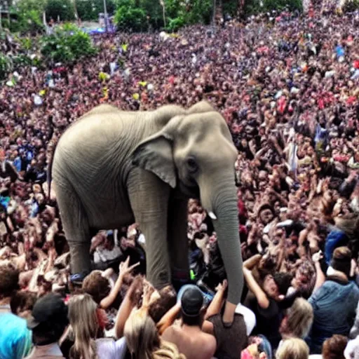 Prompt: an elephant crowd surfing