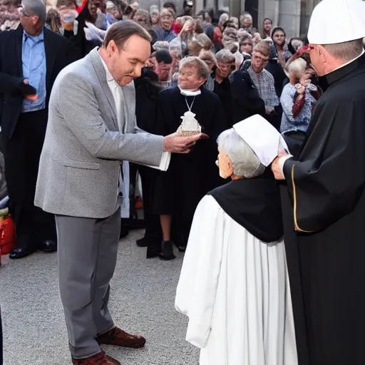 Image similar to kevin spacey dressed up as a catholic priest, giving out communion to a small old woman,
