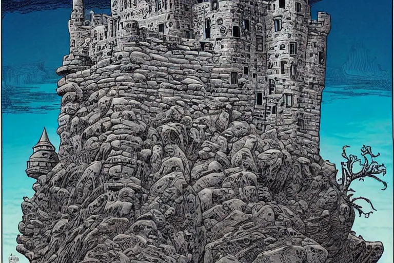 Prompt: an old castle on a seaside cliff by joe fenton and bernie wrightson and, mike allred coloring book like art