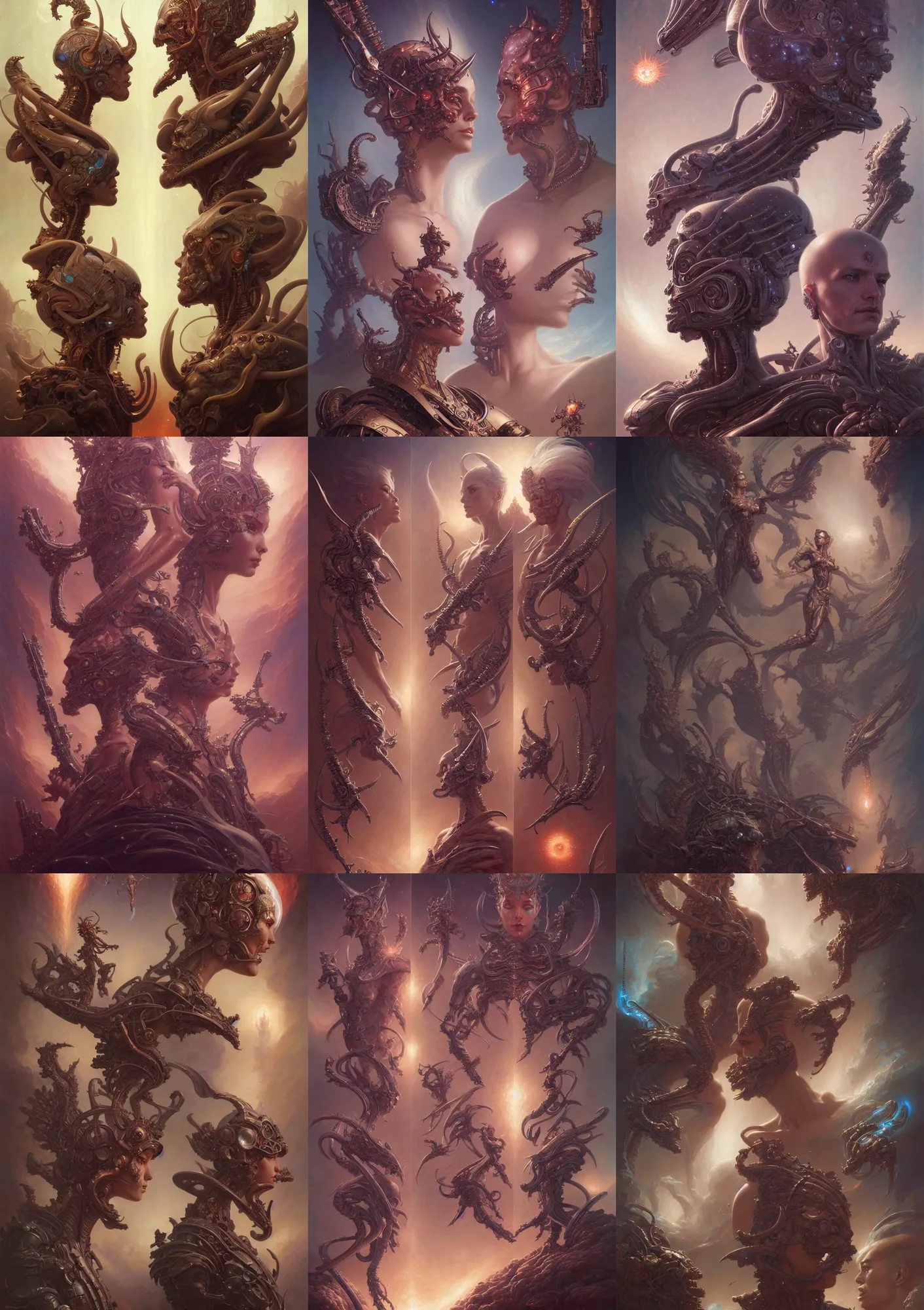 Image similar to beautiful gemini fantasy character portrait, ultra realistic, wide angle, intricate details, total recall artifacts, highly detailed by peter mohrbacher, hajime sorayama, wayne barlowe, boris vallejo, aaron horkey, gaston bussiere, craig mullins