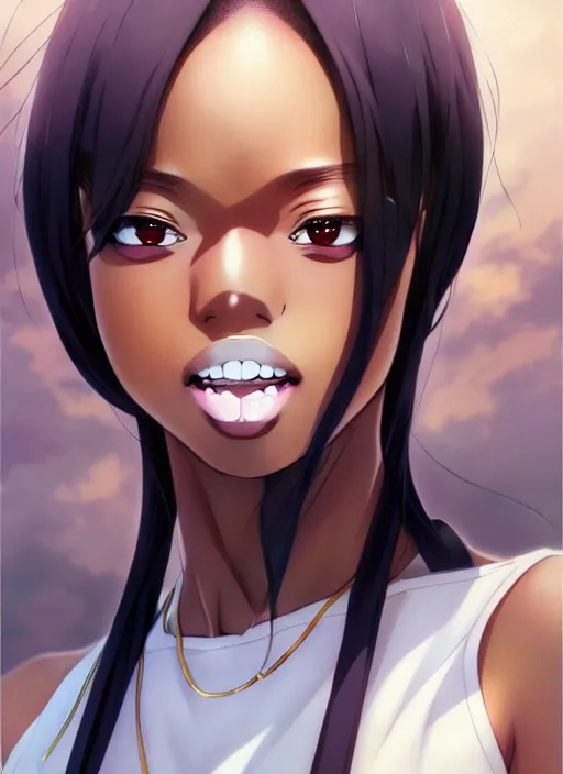 Image similar to beautiful city black woman only, anime style only, white teeth, scenery wallpaper aesthetic, pastel colors only, symmetrical face and full body, cinematic, dramatic, joyful, super detailed and intricate, hyper realistic, by artgerm, by kyoung hwan kim, by ralph mcquarrie, by yoshiyuki tomino