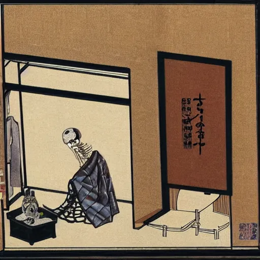 Prompt: japanese art room with a door. elegant 1940s diva sensually laying on a chaise longue having a martini in a hand. human skeleton wearing a hooded cape and black robe enters the room through the door