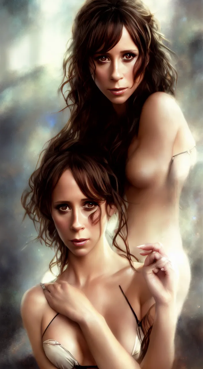 Image similar to photo of jennifer love hewitt, film still, dslr, by greg rutkowski, enoch bolles, ross tran, artgerm, wlop glossy skin, intricate detail, art deco, pearlescent, very coherent, cute