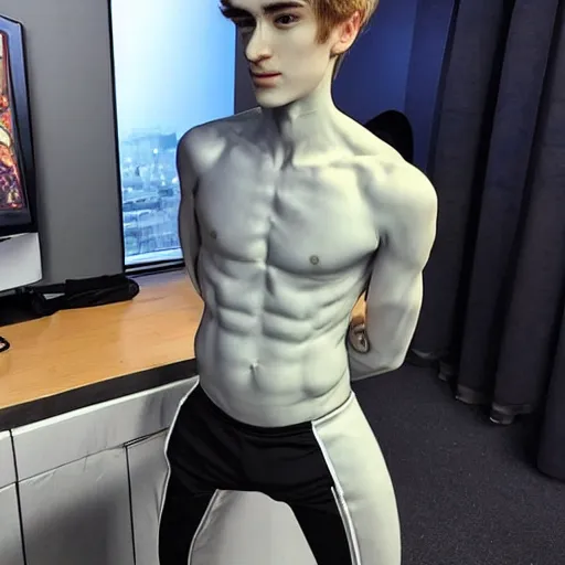 Image similar to “a realistic detailed photo of a guy who is an attractive humanoid who is half robot and half humanoid, who is a male android, twitch streamer Ninja Tyler Blevins, shiny skin, posing like a statue, blank stare, on a gaming chair streaming”