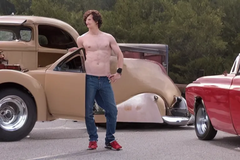 Image similar to a cinematic still from hotrod movie of ((andy samberg))