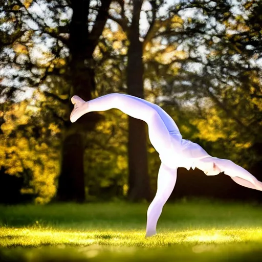 Prompt: an origami girl doing acrobatic contemporary dance, dramatic lighting, with bokeh effect in a sunny meadow