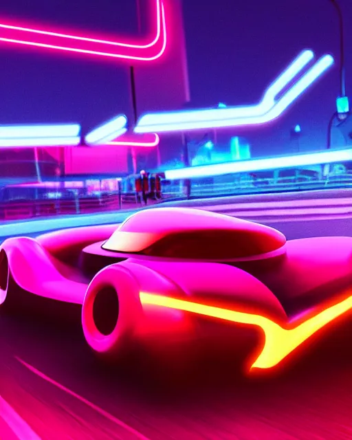 Prompt: ant shaped racing car, neon lights, streets, synthwave, cinematic, tron atmosphere, by mitchell stuart, highly detailed, masterpiece, award winning