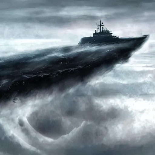 Image similar to large lonely ship drifting amongst the clouds and fog with heavy dark storm beautiful Concept art