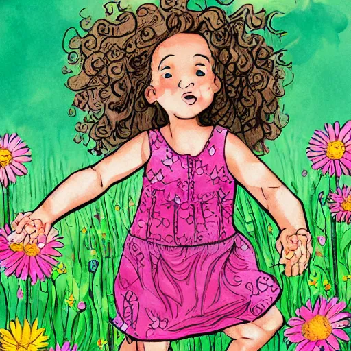 Prompt: a little girl with curly brown hair running through a field of flowers, highly detailed very beautiful fun cute children's book illustration