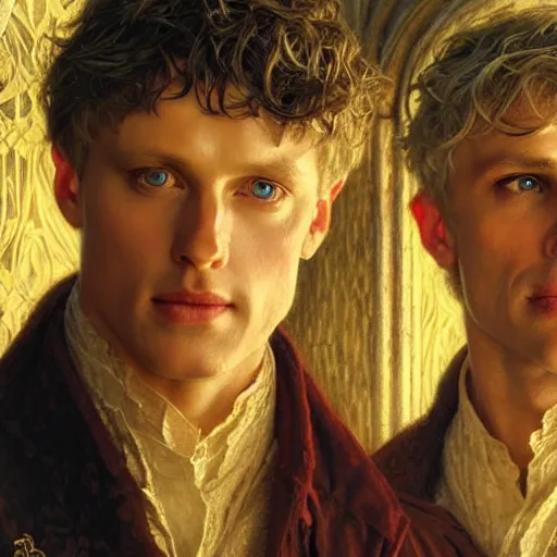 Image similar to arthur pendragon and merlin. close up of their faces. natural lighting. highly detailed painting by gaston bussiere, j. c. leyendecker, greg rutkowski 8 k